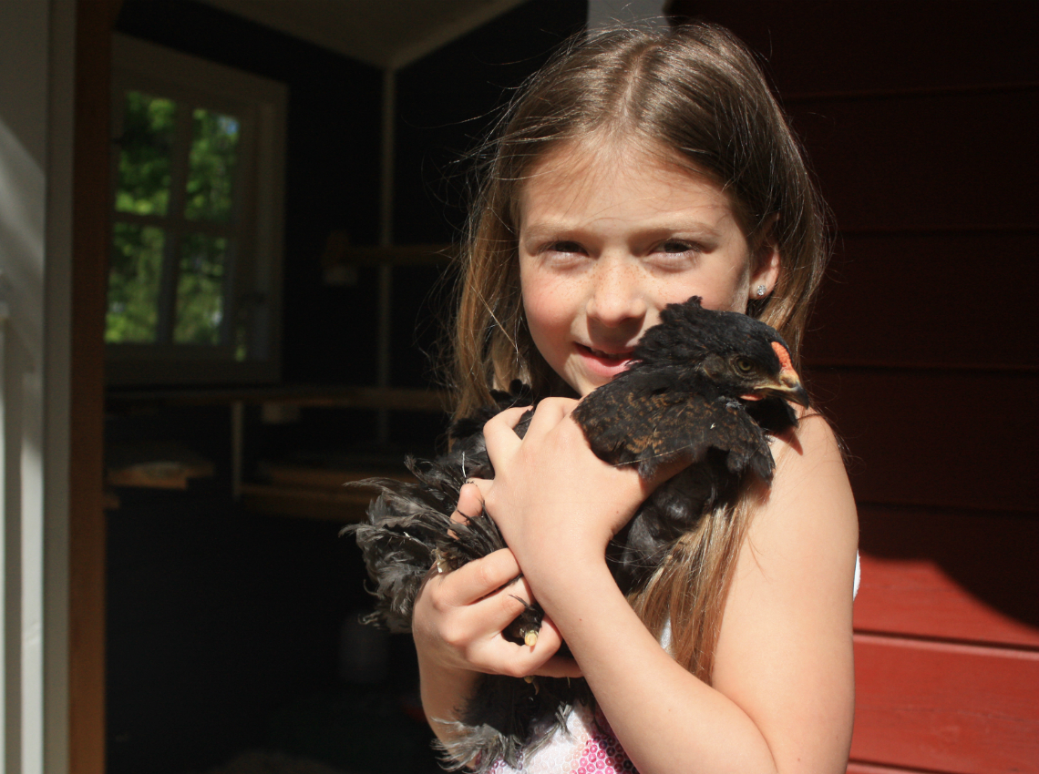 Emmeline holder en høne.