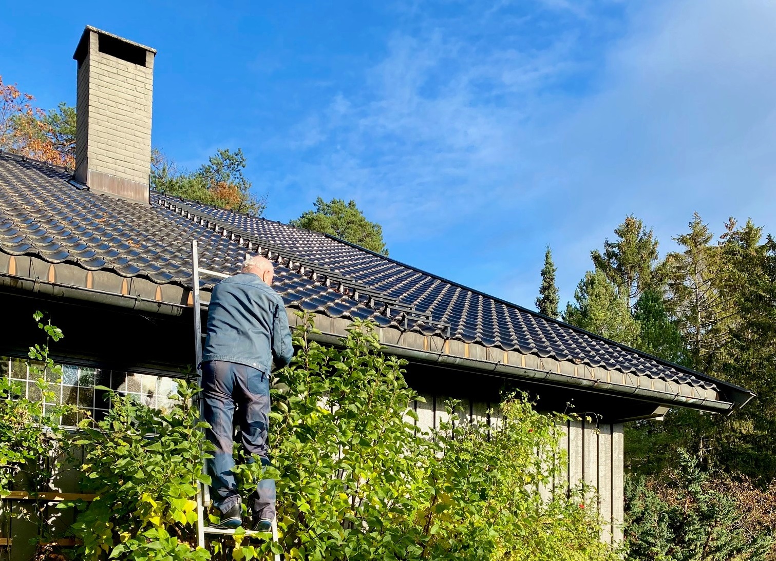 Mann står på stige lent mot tak hvor det er takstige opp til pipe