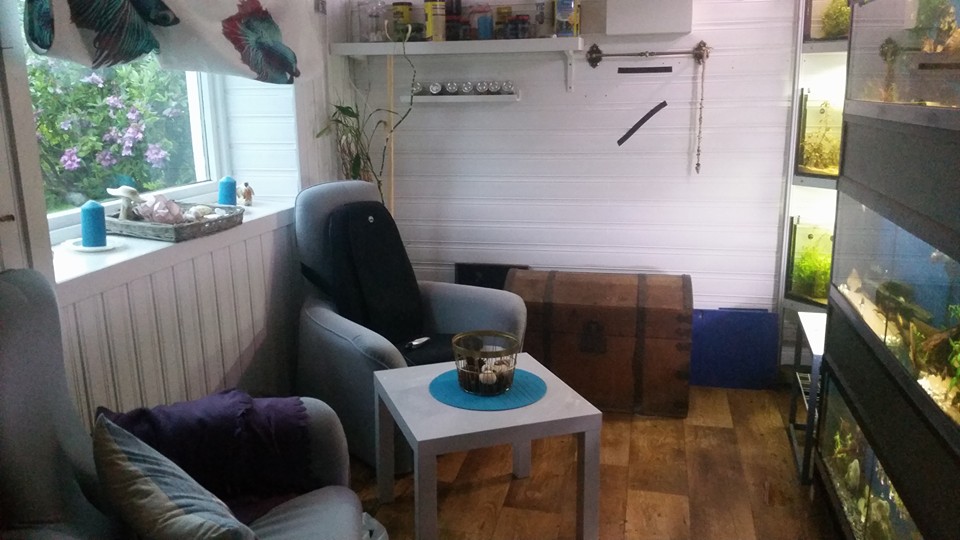 Marlen Wollf har sitt eget fristed. Her har hun akvarier og gode stoler hvor hun kan slappe av. Foto: Marlen Wollf